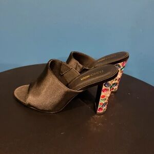 Fashion Nova Black Satin Heels with Multicolor Embellishments